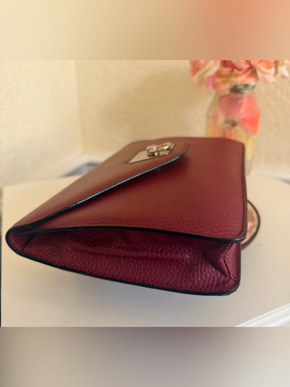 Celine Wine Red Pebbled Leather Envelope Clutch Purse Gold Hardware - Picture 13 of 17